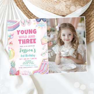 Young Wild And Three - Summer Girl Birthday Photo Invitation
