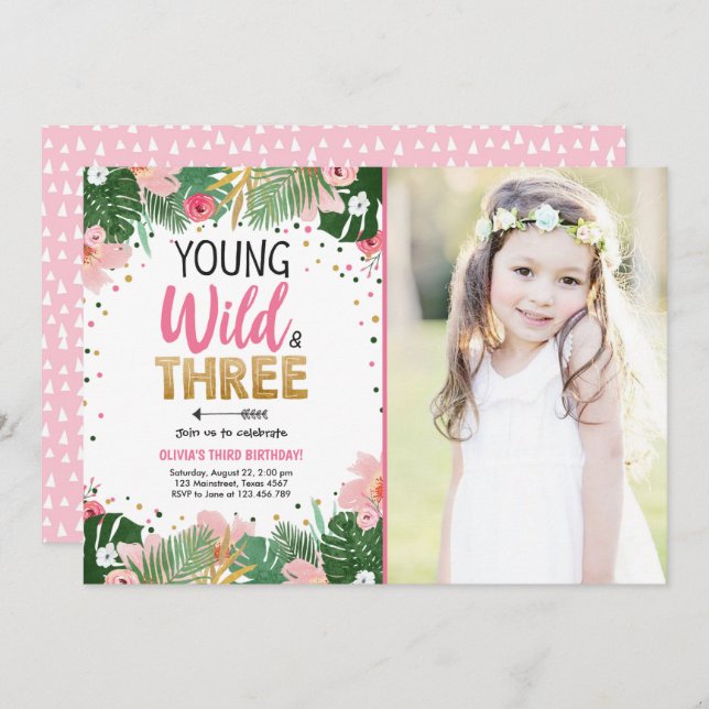 Young Wild and Three Tropical Safari Girl Birthday Invitation (Front/Back)