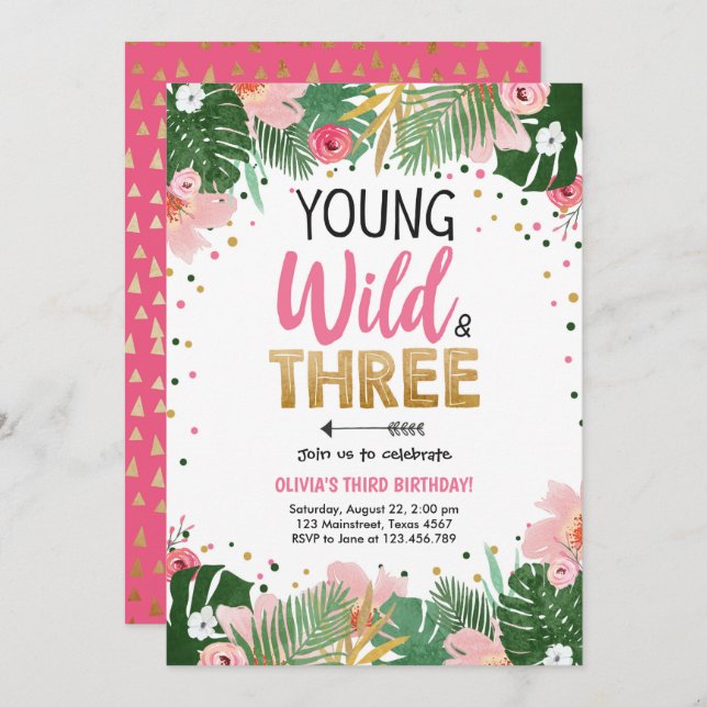 Young Wild and Three Tropical Safari Girl Birthday Invitation (Front/Back)