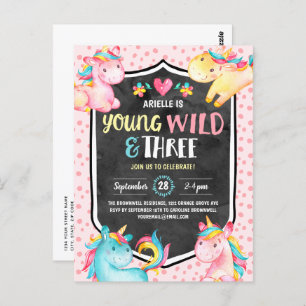 Young Wild and Three Unicorn Birthday Party Postcard