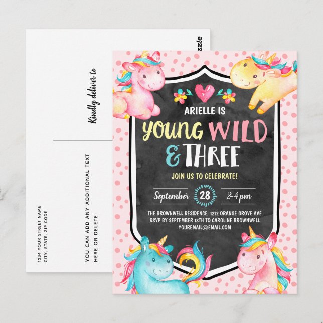 Young Wild and Three Unicorn Birthday Party Postcard (Front/Back)