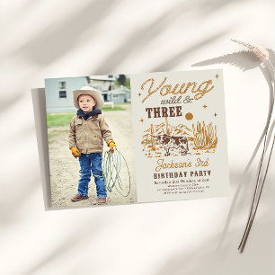 Young, Wild and Three Western Birthday Photo Invitation