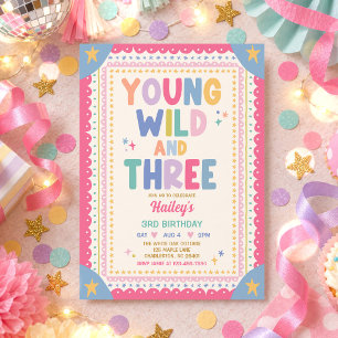 Young Wild And Three Whimsical Girl 3rd Birthday Invitation