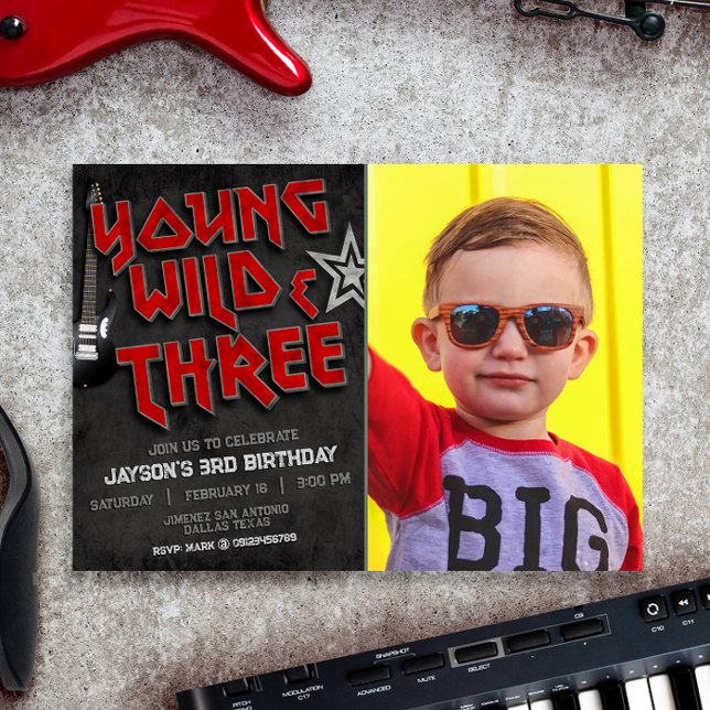 Young Wild and Three with Photo Rock Invitation (Young Wild and Three Rock with Photo Picture Landscape Invitation)