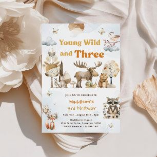 Young Wild and Three Woodland Animals 3rd Birthday Invitation