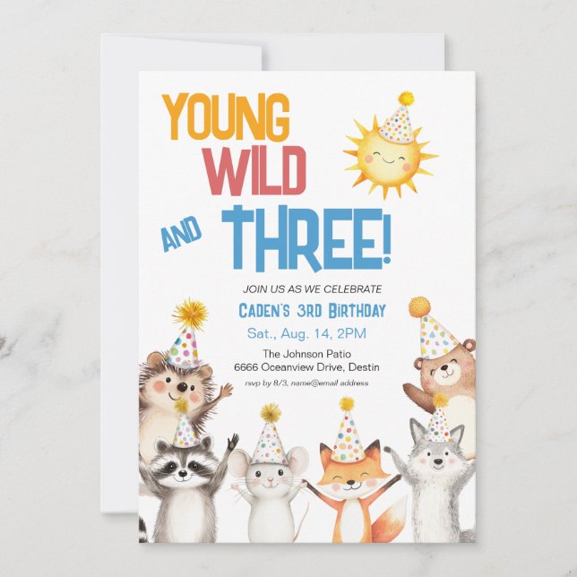 Young Wild and Three Zoo Animals Invitation (Front)