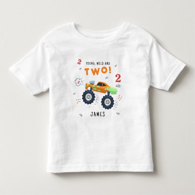 Young Wild And Two 2nd Birthday Kids Monster Car Toddler T-Shirt (Front)