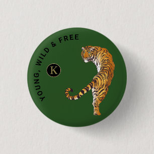 Young, Wild & Free Tiger Monogram Green Background 3 Cm Round Badge