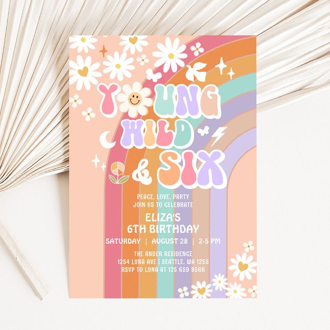 Young Wild & SIX Groovy Hippie Retro 6th Birthday Invitation (Creator Uploaded)