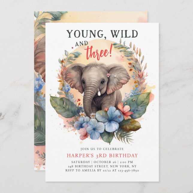 Young Wild Three 3rd Birthday Kids Cute Elephant Invitation (Front/Back)