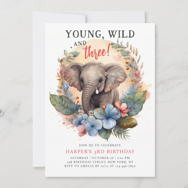 Young Wild Three 3rd Birthday Kids Cute Elephant Invitation (Front)