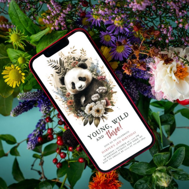 Young Wild Three 3rd Birthday Kids Cute Panda Invitation (Creator Uploaded)