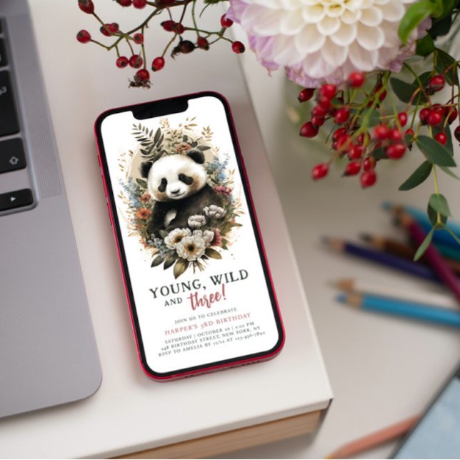 Young Wild Three 3rd Birthday Kids Cute Panda Invitation (Creator Uploaded)