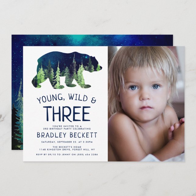 Young, Wild & Three | 3rd Birthday Photo Invitation (Front/Back)