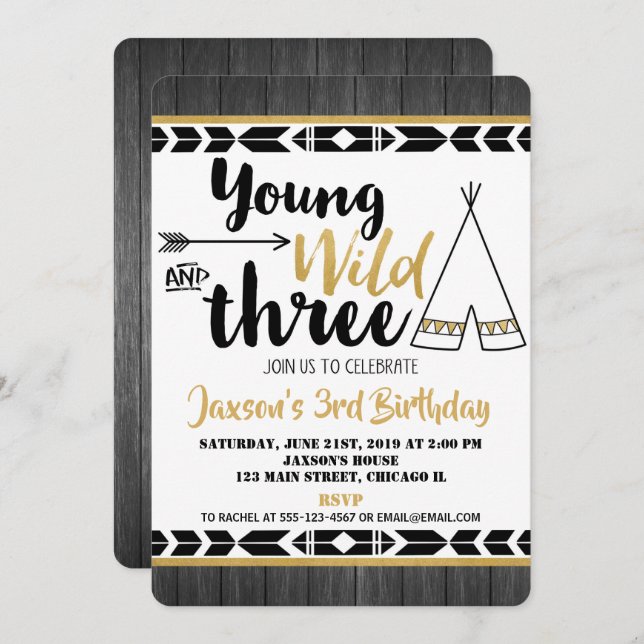 Young wild three 3rd third birthday invitation boy (Front/Back)