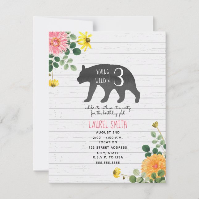 Young Wild Three Bear Wildflower Birthday Invitation (Front)