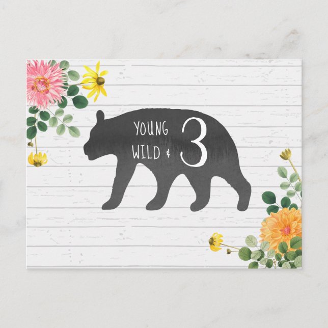Young Wild & Three Bear Wildflower Birthday Invitation Postcard (Front)