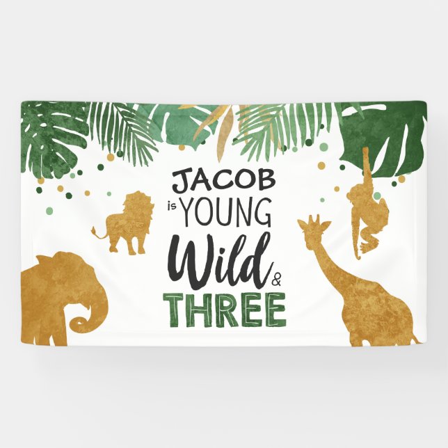 Young Wild Three Birthday banner Safari Animals (Horizontal)