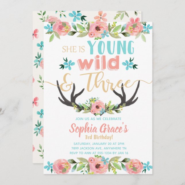 Young Wild & Three Birthday Invitation (Front/Back)