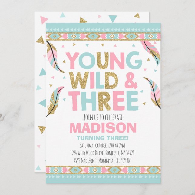 Young Wild & Three Birthday Invitation Wild Party (Front/Back)