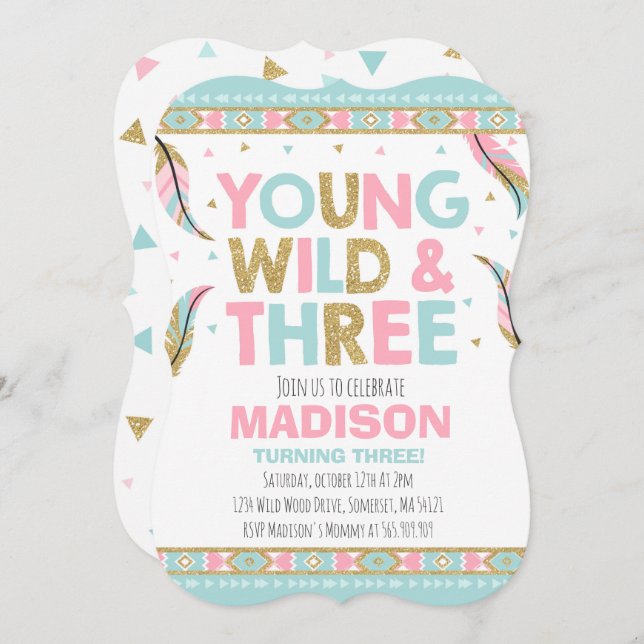 Young Wild & Three Birthday Invitation Wild Party (Front/Back)