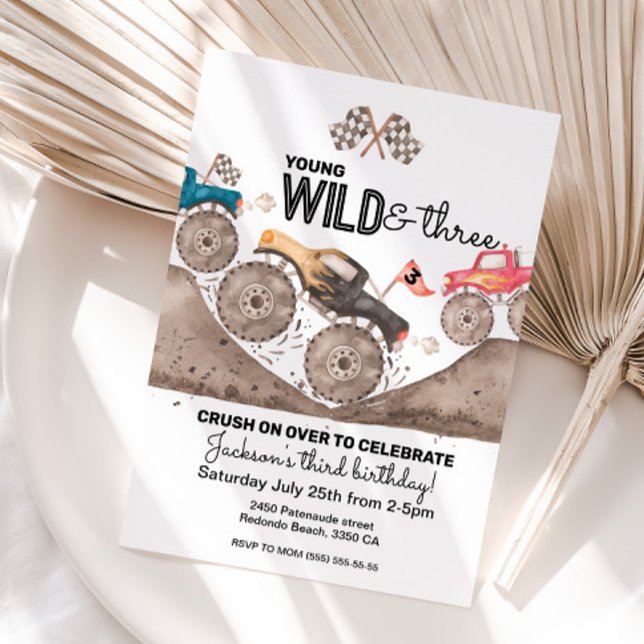 Young Wild Three Birthday Kid Monster Truck invite (Young Wild and Three Monster truck invitation, third birthday)