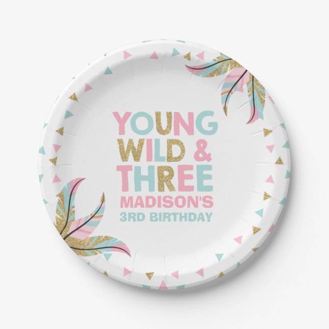 Young Wild & Three Birthday Party Paper Plate 7" (Front)