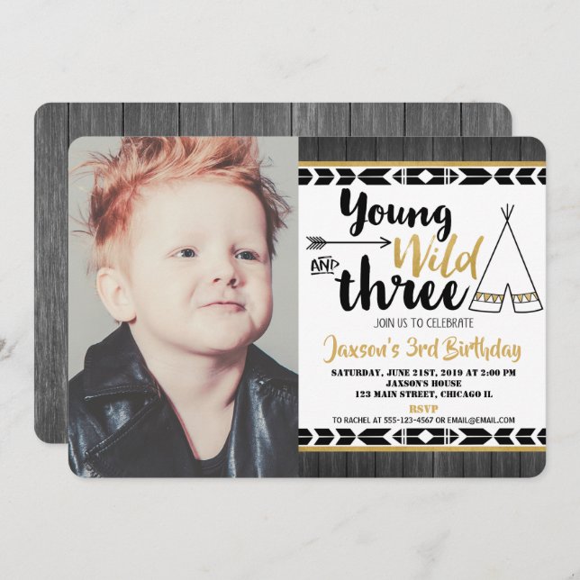 Young wild three birthday photo invitation boy (Front/Back)