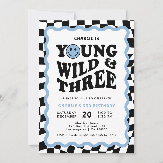 Young Wild & Three | Blue Face Boy 3rd Birthday Invitation (Front)