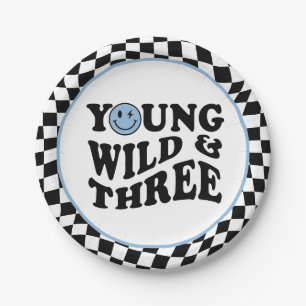 Young Wild & Three   Blue Happy Smile 3rd Birthday Paper Plate