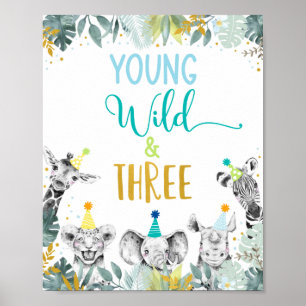 Young Wild & Three Blue Party Animal Birthday Sign