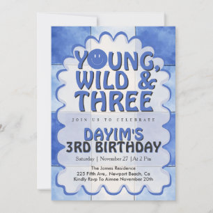 Young Wild & Three Blue Retro Boy 3rd Birthday  Invitation