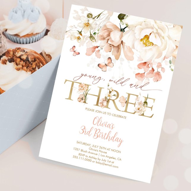 Young Wild & Three Blush Floral Third Birthday Invitation (Creator Uploaded)