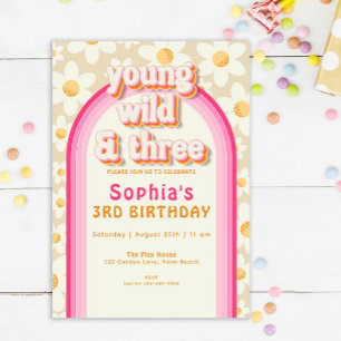 Young Wild & Three Boho Daisy Rainbow Birthday  Invitation