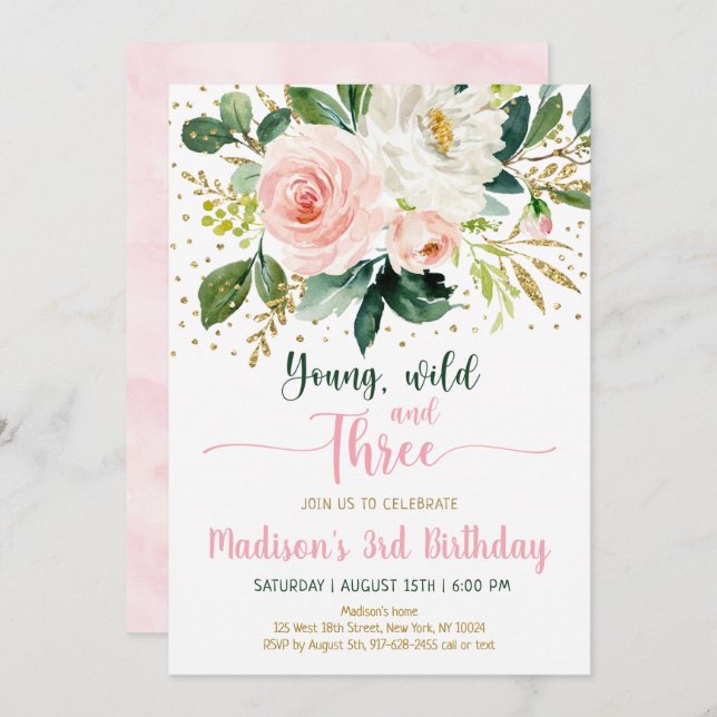Young Wild & Three Boho Floral Pink Gold Birthday Invitation (Front/Back)