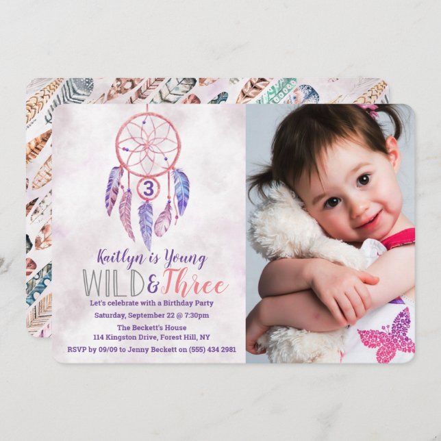 Young, Wild & Three Boho Photo Birthday Invitation (Front/Back)