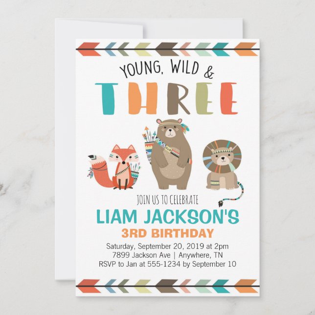 Young Wild Three Boys Third Birthday Invitation (Front)