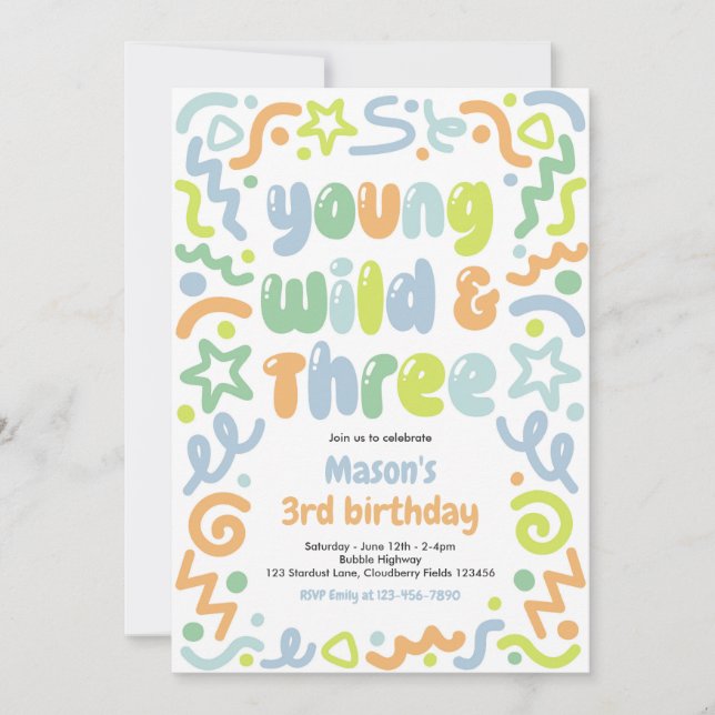 Young Wild & Three Confetti Balloon 3rd Birthday  Invitation (Front)