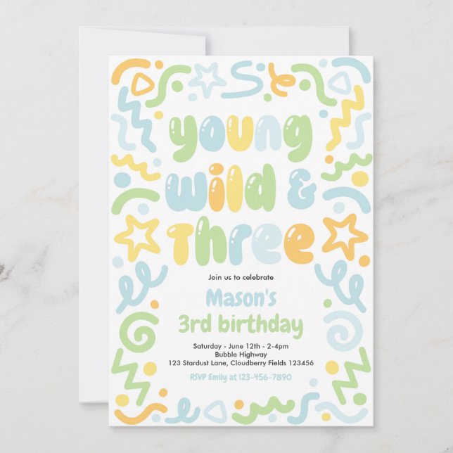 Young Wild & Three Confetti Balloon 3rd Birthday  Invitation (Front)