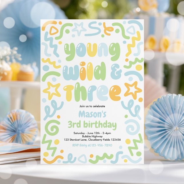 Young Wild & Three Confetti Balloon 3rd Birthday  Invitation (Creator Uploaded)
