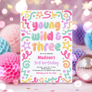 Young Wild & Three Confetti Balloon 3rd Birthday  Invitation