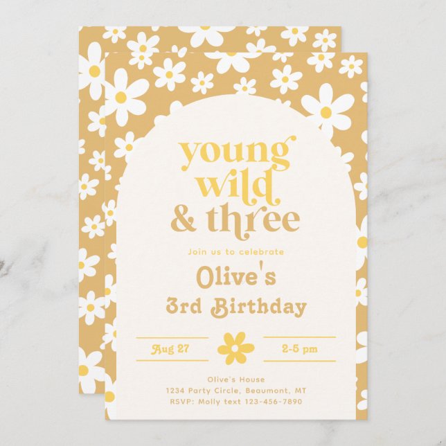 Young, Wild & Three Daisy Invitation | Daisies (Front/Back)