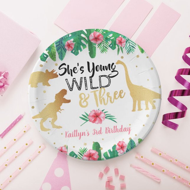 Young Wild & Three Dinosaur Girls Third Birthday Paper Plate (Creator Uploaded)