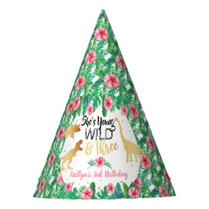 Young Wild & Three Dinosaur Girls Third Birthday Party Hat
