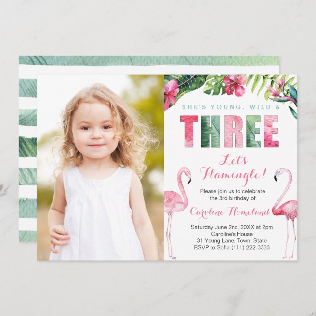 Young Wild THREE, Girl 3rd Birthday Party Picture Invitation (Front/Back)