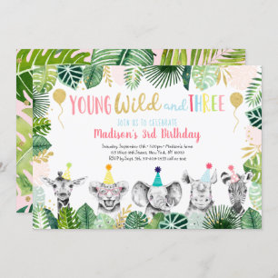 Young Wild & Three Girl Safari Birthday Invitation
