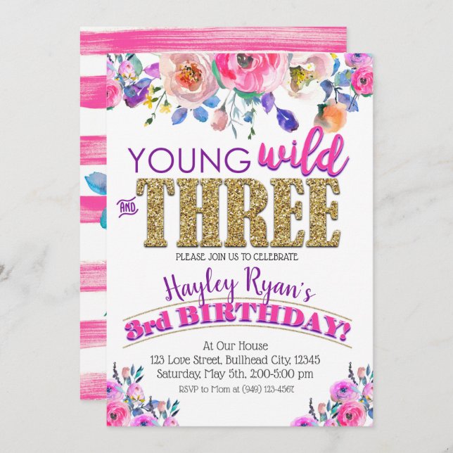 Young Wild & Three Girls Boho Floral 3rd Birthday Invitation (Front/Back)