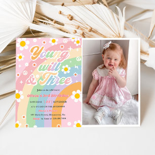 Young Wild Three Groovy Daisy Rainbow 3rd Birthday Invitation