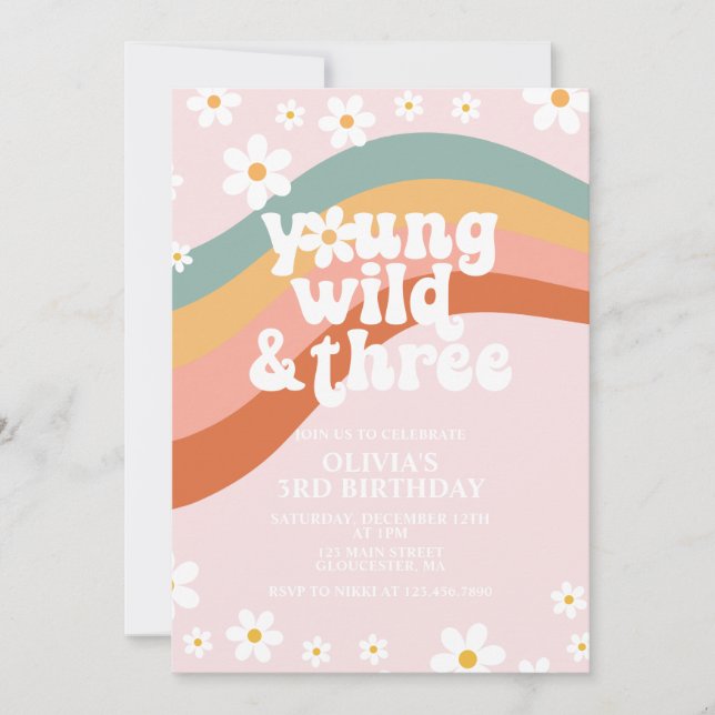 Young Wild Three Groovy daisy rainbow 3rd birthday Invitation (Front)