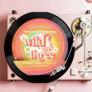 Young Wild Three Groovy daisy rainbow Invitation